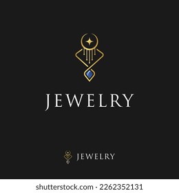 Luxury Jewelry logo, blue sapphire pendant and gold necklace icon logo design, vector graphic of gold earrings with a star in the center