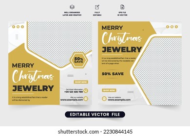 Luxury jewelry store promotional poster design on white backgrounds. Special ornament social media post vector with golden and dark colors. Fashion jewelry sale web banner template for marketing.