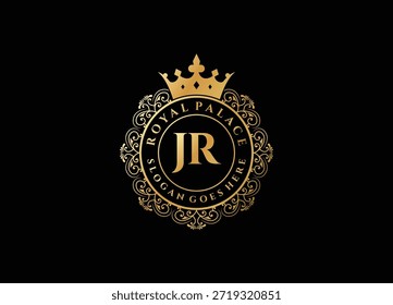 Luxury jr initial logo, template royal crown heraldic insignia. Elegant fashion brand identity design concept