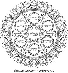 Luxury judaic floral holiday plate with oriental framing. Black on transparent outline mandala with meal hebrew text Passover,egg, shank bone,charoset, horse-radish, parsley, bitter herbs