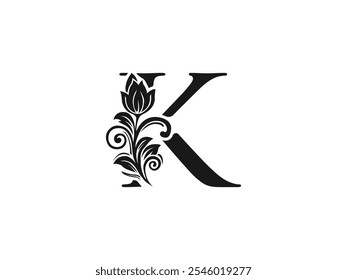 Logotipo de letra K dibujado a mano de lujo. Elegante logotipo floral y ornamentado K. Diseño caligráfico personalizado. Antiguas y Diseño Sofisticado. Atemporal, estilo real, refinado y con clase. Arte de logotipo personalizado hecho a mano.