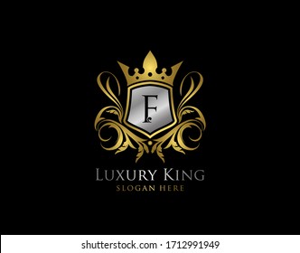 Luxury King F Letter Gold Logo, Golden F Classic Shield Crown.