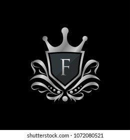 Luxury King F Letter Logo, Silver Badge