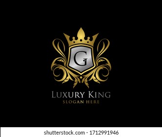 Luxury King G Letter Gold Logo, Golden G Classic Shield Crown.