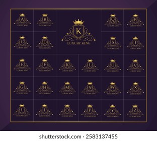 Luxury king logo collection with elegant gold alphabet monograms and crown design on dark background  
