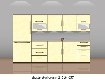 Luxury kitchen room interior with bright wooden texture cabinets and drawers with sink and faucet. beige tiles on wall. Realistic design. vector art image illustration