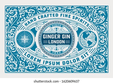 Luxury label for gin liquor packing with vintage ornaments