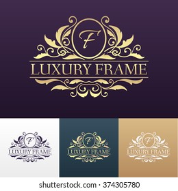 Luxury label or King place symbol element with decorative calligraphy object set. Template for classical card, invitation, identity cover design, packaging, hipster stamp. Vector illustration concept