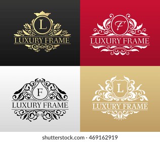 Luxury label or King place symbol element with decorative calligraphy object set. Template for classical card, invitation, identity cover design, packaging, hipster stamp. Vector illustration concept