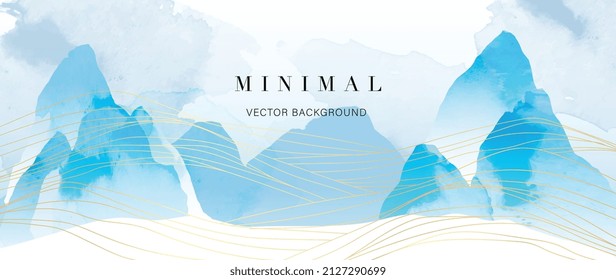 Luxury landscape background. Watercolor banner in oriental and japanese style with blue mountain, cloud and sky. Gold wavy line art pattern design for wall decor, wallpaper, prints and interiors.