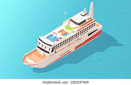 Luxury large cruise liner with pool and spa on roof. Marine journey in sea on touristic hotel, resort ship, vessel. Voyage white yacht summer holidays, vacation. 3d isometric icon, vector illustration