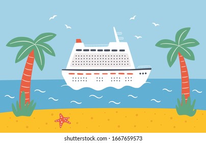 A luxury large cruise ship sails on the sea near the beach. Travel on an ocean liner. Hand drawn vector illustration