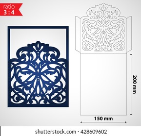 Luxury Laser Cut Wedding Invitation Envelope Template. Die Cut Sleeve Envelope Mockup For Greeting Cards. Cutout Paper Design For Cutting Machines. 