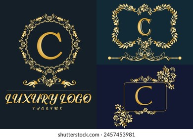 Logotipo de Luxury Latter. Logotipo del color dorado del último C para el desmalezamiento, flor, moda, marcas de ropa