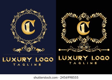 Logotipo de Luxury Latter. Plantilla con logo C en color dorado para maleza, flor, Moda , ropa Marcas