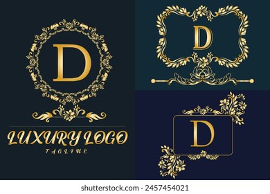 Logotipo de Luxury Latter. Logotipo de color dorado D para el desmalezado, flor, moda, marcas de ropa