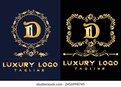 Logotipo de Luxury Latter. Plantilla con logo D en color dorado para maleza, flor, Moda , ropa Marcas