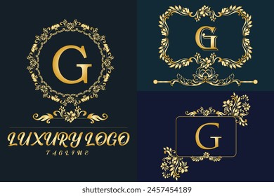 Logotipo de Luxury Latter. Logotipo del color dorado del último G para el desmalezamiento, flor, moda, marcas de ropa