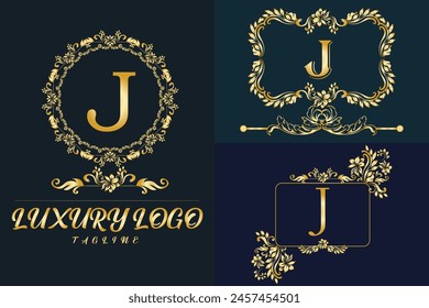 Logotipo de Luxury Latter. Logotipo de color dorado J para el desmalezado, flor, moda , marcas de ropa