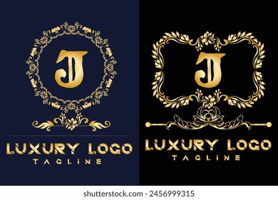 Logotipo de Luxury Latter. Plantilla con logo J en color dorado para maleza, flor, Moda , ropa Marcas