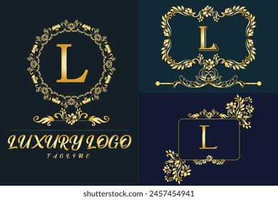 Logotipo de Luxury Latter. Logotipo de color dorado L para el desmalezamiento, flor, moda , marcas de ropa