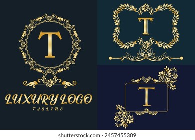 Logotipo de Luxury Latter. Logotipo de color dorado de la T posterior para el desmalezamiento, flor, moda, marcas de ropa