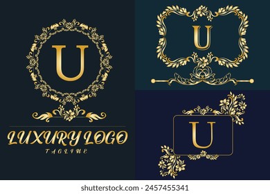 Logotipo de Luxury Latter. Uso del logotipo del color dorado de los últimos U para el desmalezamiento, flor, moda, marcas de ropa