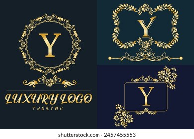 Logotipo de Luxury Latter. Logotipo de color dorado Y para el desmalezamiento, flor, moda , marcas de ropa