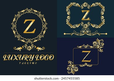 Logotipo de Luxury Latter. Logotipo del color dorado de Z para el desmalezamiento, flor, moda, marcas de ropa