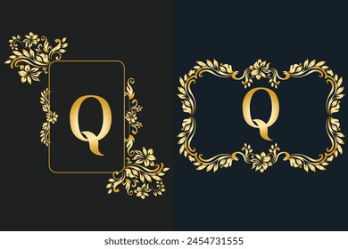 Luxury Latter Q logo in golden color. Logos for fashion, flower, wedding business.