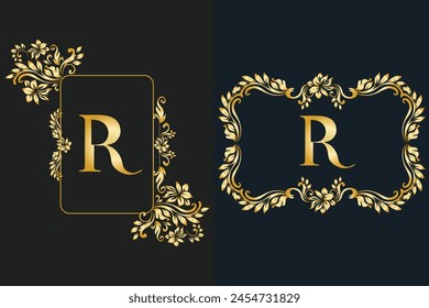 Luxury Latter R logo in golden color. Logos for fashion, flower, wedding business.