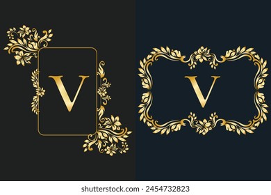 Luxury Latter V logo in golden color. Logos for fashion, flower, wedding business.
