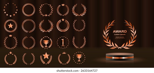 Luxury laurel wreath awards highlight victory and rank. Best seller emblem glows with prestige and distinction. Stylized gold vector leaves wrap elegant badge icons. Set suits labels, cards, logos