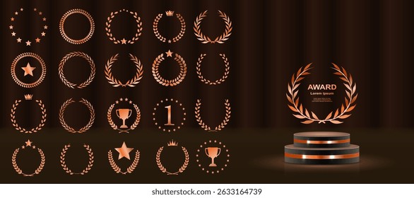 Luxury laurel wreath awards highlight victory and rank. Best seller emblem glows with prestige and distinction. Stylized gold vector leaves wrap elegant badge icons. Set suits labels, cards, logos