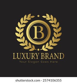 Luxury Laurel Wreath Letter B Logo Design in Gold Embellishments for Elegant and Sophisticated Brands

