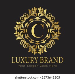 Luxury Laurel Wreath Letter C Logo Design for Exclusive Brand Identity with Ornate Gold Accents
