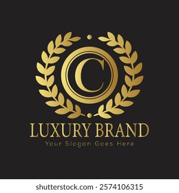 Luxury Laurel Wreath Letter C Logo Design for Exclusive Brand Identity with Ornate Gold Accents
