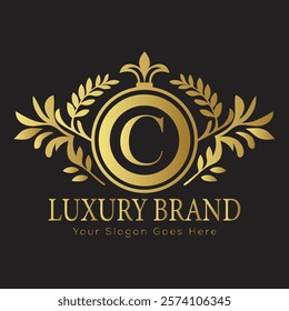 Luxury Laurel Wreath Letter C Logo Design for Exclusive Brand Identity with Ornate Gold Accents
