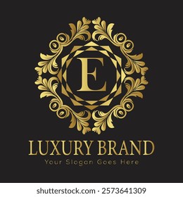 Luxury Laurel Wreath Letter E Logo Design with Gold Detailing for High-End and Refined Branding
