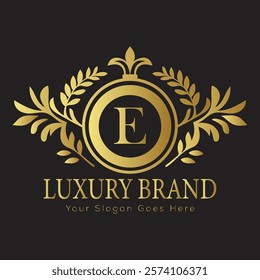 Luxury Laurel Wreath Letter E Logo Design with Gold Detailing for High-End and Refined Branding
