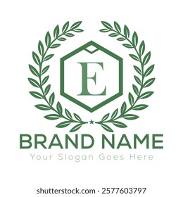 Luxury Laurel Wreath Letter E Logo Design with Hexagon Frame for High-End Branding
