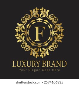 Luxury Laurel Wreath Letter F Logo Design Featuring Ornate Gold Embellishments for Exclusive Branding
