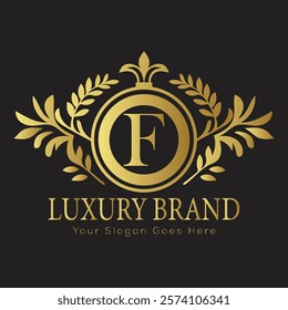 Luxury Laurel Wreath Letter F Logo Design Featuring Ornate Gold Embellishments for Exclusive Branding
