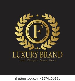 Luxury Laurel Wreath Letter F Logo Design Featuring Ornate Gold Embellishments for Exclusive Branding
