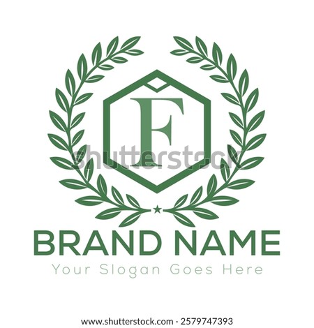 Luxury Laurel Wreath Letter F Logo Design with Hexagon Frame for Bespoke Branding
