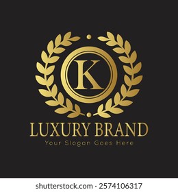 Luxury Laurel Wreath Letter K Logo Design Highlighting Gold Elements for an Upscale Branding Experience
