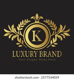 Luxury Laurel Wreath Letter K Logo Design Highlighting Gold Elements for an Upscale Branding Experience
