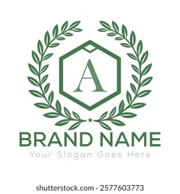 Luxury Laurel Wreath Letter A Logo Design with Hexagon Frame for Sophisticated Branding
