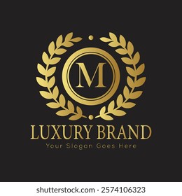 Luxury Laurel Wreath Letter M Logo Design in Gold for a Distinctive and Refined Brand Identity
