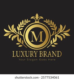 Luxury Laurel Wreath Letter M Logo Design in Gold for a Distinctive and Refined Brand Identity
